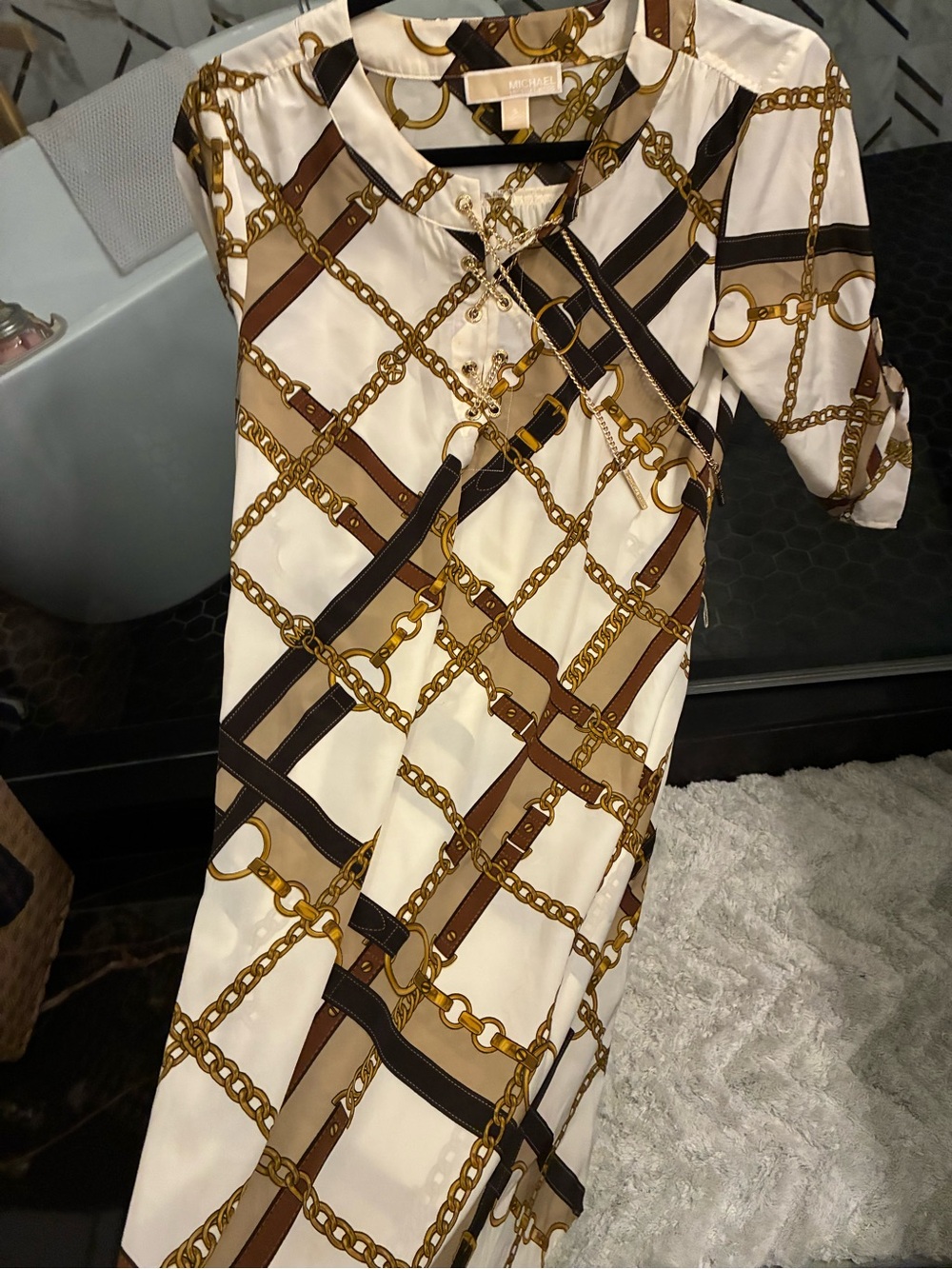 Michael Kors Cream Dress with Gold Chain & Brown Strap Print
